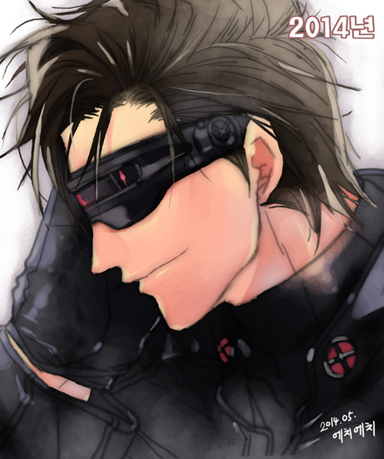 1boy, brown_hair, cyclops_(x-men), gloves, hand_on_own_face, hh_(hhsis2), leather_gloves, marvel