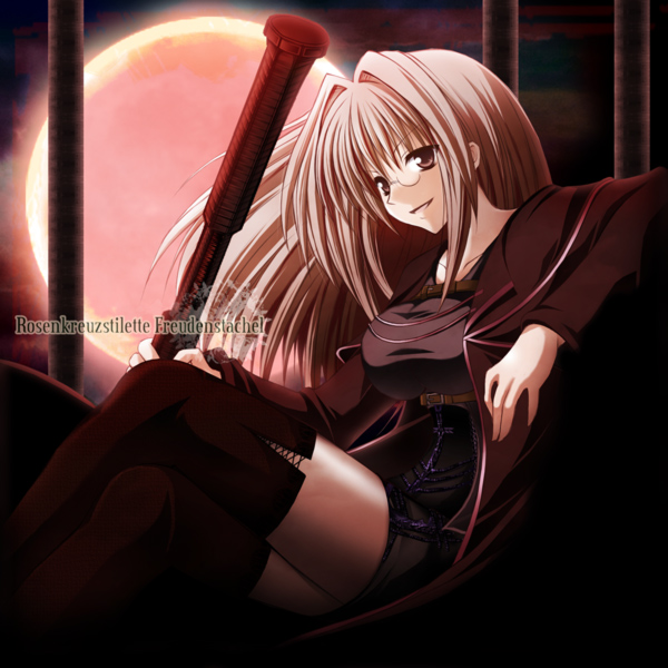 boots, breasts, brown_eyes, brown_hair, crossed_legs, glasses, gothic, grin, hammer, large_breasts, long_hair, moon, pantyhose, red_moon, rosenkreuzstilette, rosenkreuzstilette_freudenstachel, schirach_fuhler, sitting, smile, solo, thigh_boots, thighhighs, trenchcoat, weapon, womi, zettai_ryouiki