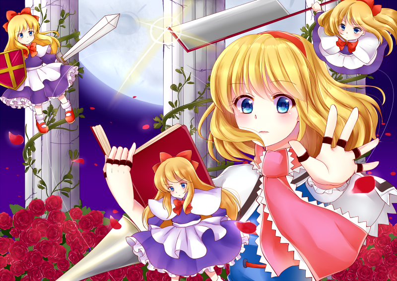 1girl, alice_margatroid, apron, blonde_hair, blue_eyes, book, bow, bust