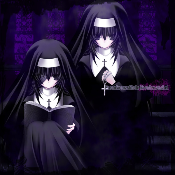 black_eyes, black_hair, book, church, cross, eyepatch, habit, lecht_refraktia
