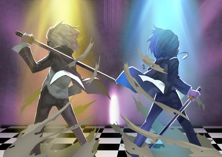 arisato_minato, backhand, blue_hair, glasses, grey_hair, katana, narukami_yuu, open_clothes, open_jacket, persona, persona_q, sword, weapon, yuuki_makoto