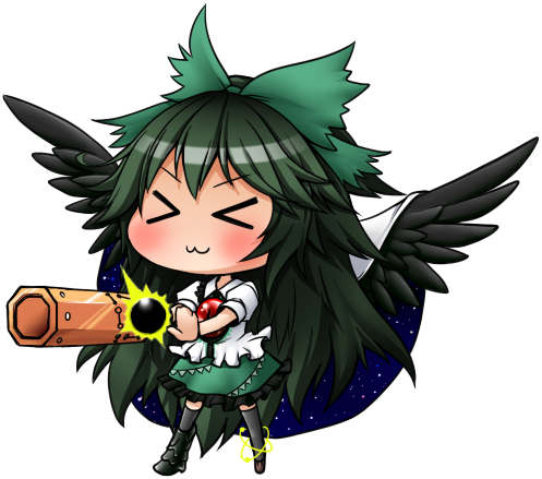 >_<, 1girl, :3, arm_cannon, black_hair, black_wings, blush, bow