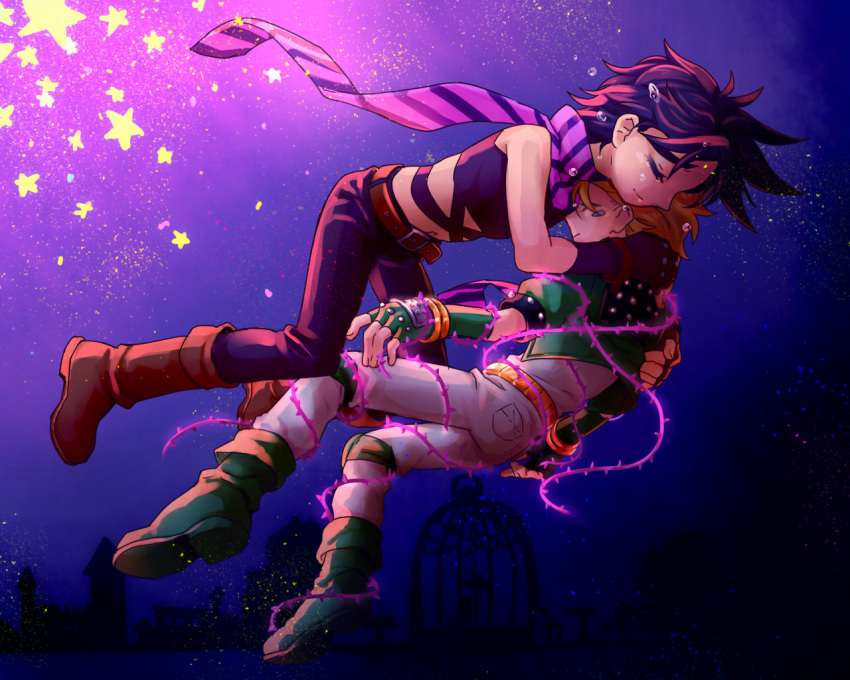 2boys, birdcage, blonde_hair, caesar_anthonio_zeppeli, cage, crying, hermit_purple, hug