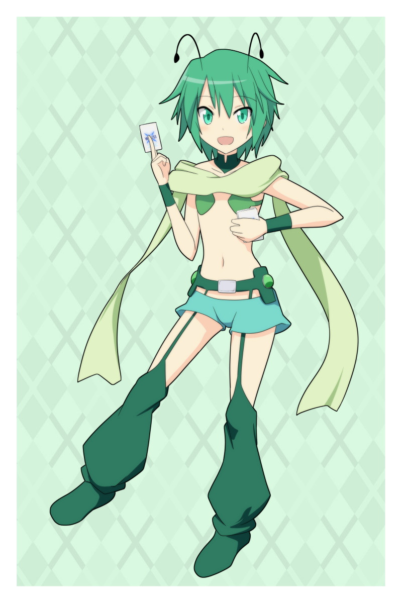 antennae, bare_shoulders, card, green_eyes, green_hair, highres, looking_at_viewer, midoriko_(selector_infected_wixoss), selector_infected_wixoss, short_hair, touhou, wriggle_nightbug