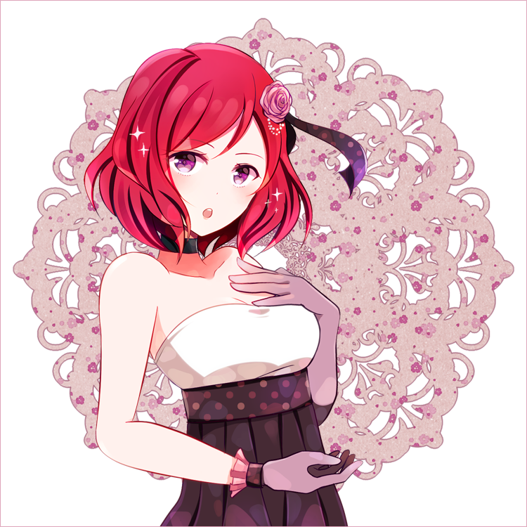 1girl, blush, collar, dress, flower, gloves, hair_flower, hair_ornament, hand_on_own_chest, lace, looking_at_viewer, love_live!_school_idol_project, nishikino_maki, open_mouth, redhead, rose, short_hair, solo, strapless_dress, violet_eyes, yugamu_neiro