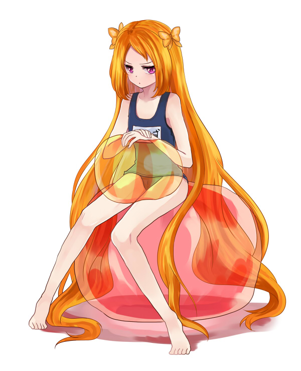 1girl, ball, beachball, cure_muse_(yellow), hair_ribbon, heart, long_hair, magical_girl, marblewars, orange_hair, precure, ribbon, school_swimsuit, shirabe_ako, sitting, solo, suite_precure, swimsuit