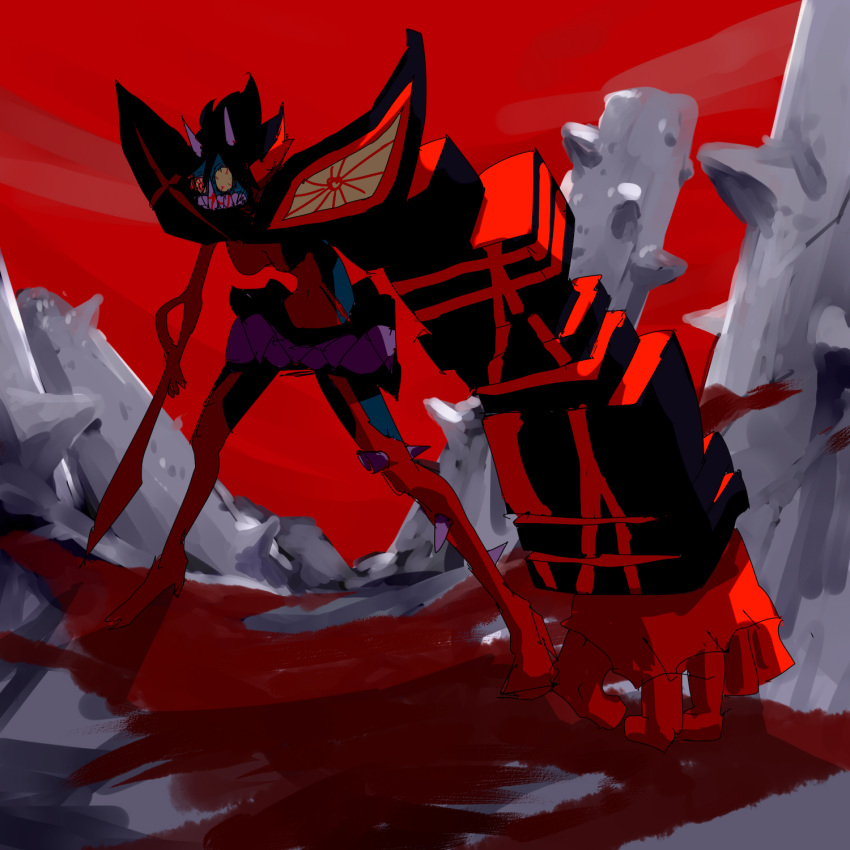 1girl, berserk_ryuuko, black_hair, blood, fusion, green_skin, highres, horns, kill_la_kill, living_clothes, matoi_ryuuko, matoi_ryuuko_(berserk_mode), monster, multicolored_hair, nao_(jdabc117), red_sky, redhead, rubble, scissor_blade, senketsu, sharp_teeth, short_hair, sky, solo, spoilers, teeth, two-tone_hair