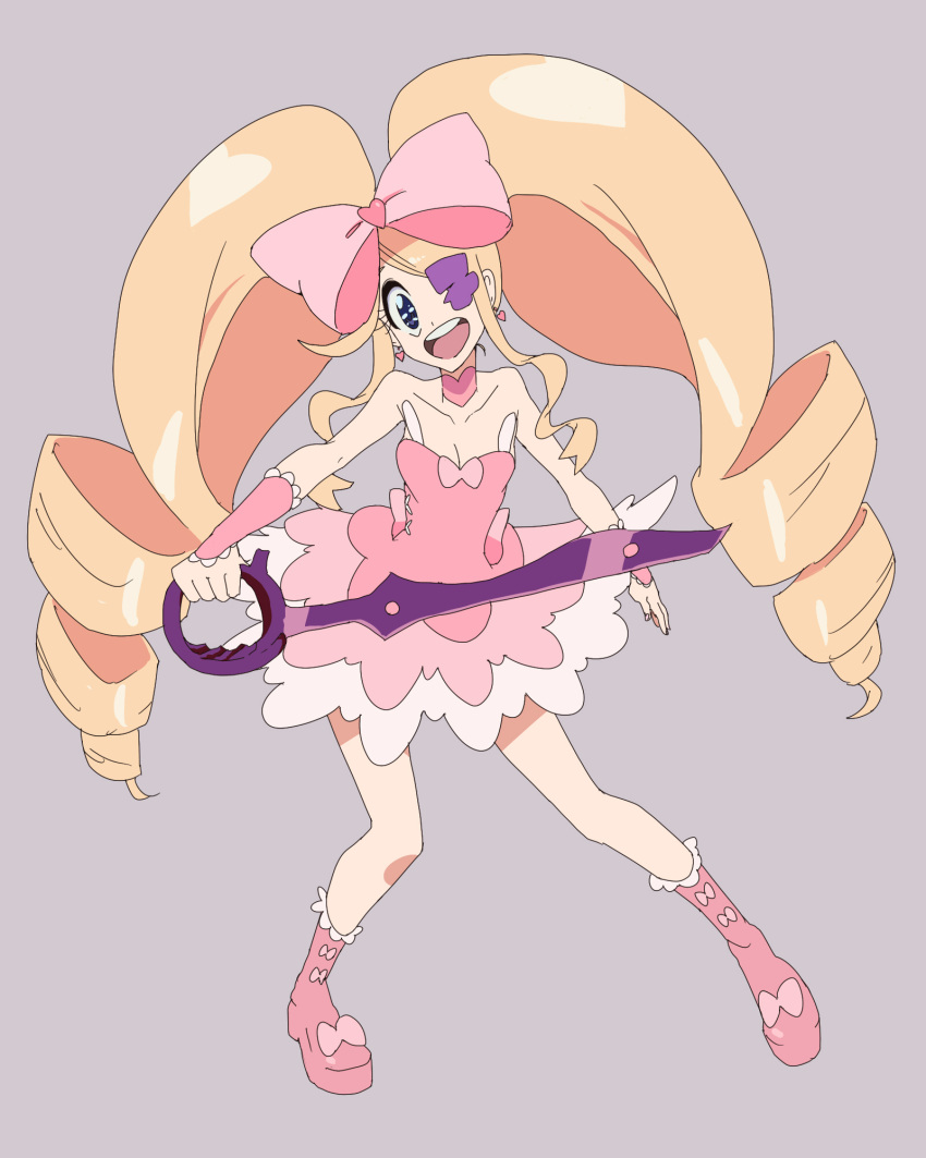 1girl, blonde_hair, blue_eyes, boots, bow, dress, drill_hair, earrings, eyepatch, grey_background, hair_bow, harime_nui, highres, jewelry, kill_la_kill, long_hair, nao_(jdabc117), scissor_blade, smile, solo, spoilers, strapless_dress, twin_drills, wrist_cuffs