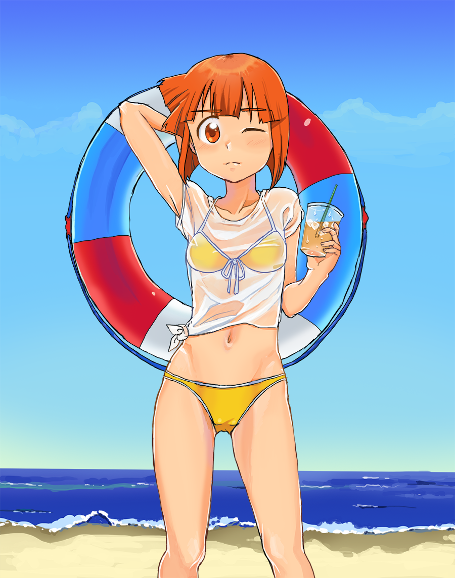 aizawa_eiko, bikini, blush, brown_eyes, brown_hair, drink, innertube, kikiki_(hiya_mikan), shinryaku!_ikamusume, short_hair, straw, swimsuit