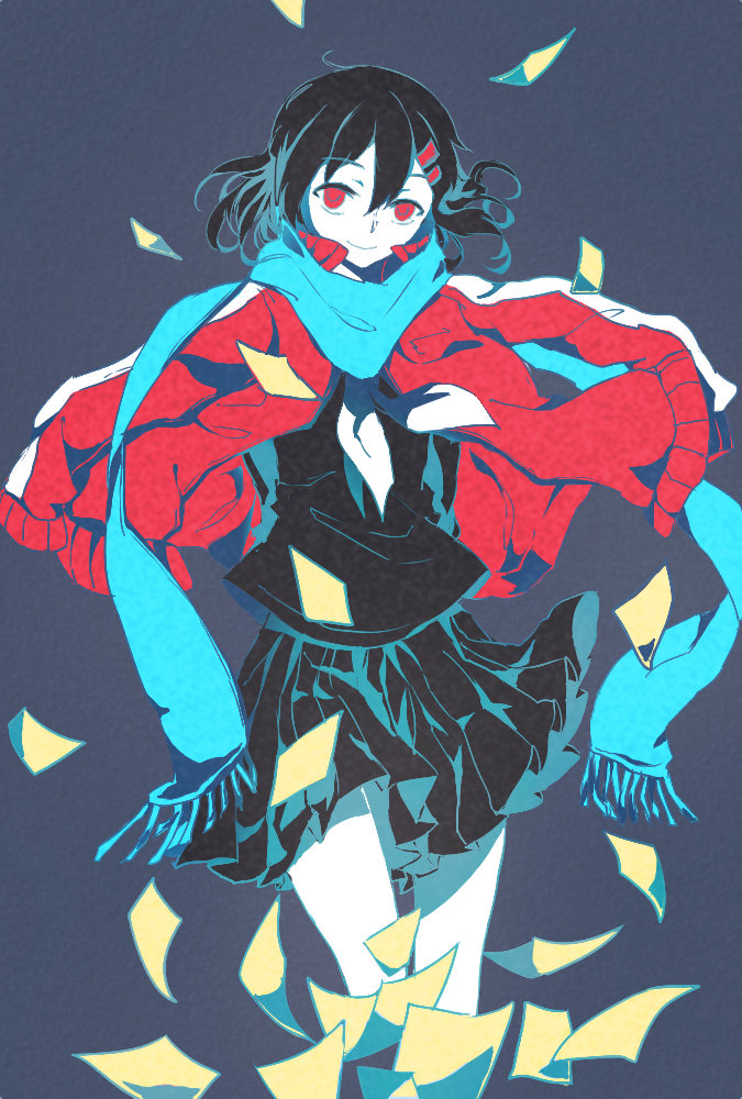 1girl, black_hair, domik, hair_ornament, hairclip, jacket_on_shoulders, kagerou_project, long_hair