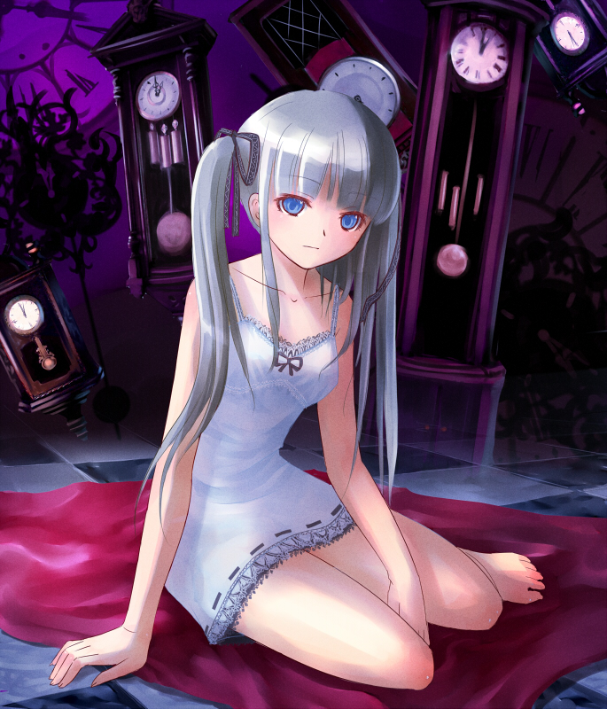 barefoot, blue_eyes, chemise, clock, hair_ribbon, hands, kakuno, original