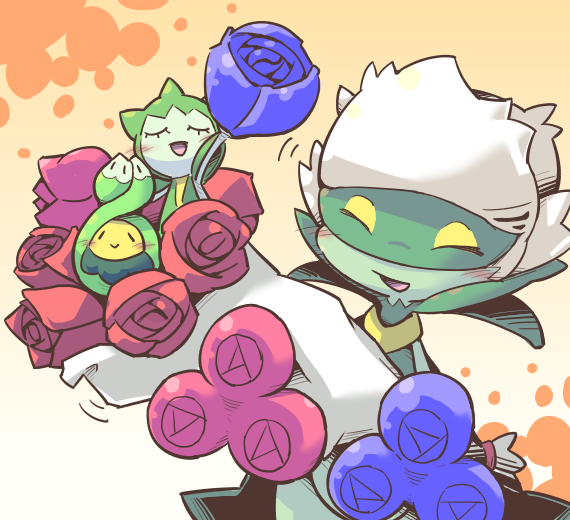 :>, blue_rose, blush, budew, closed_eyes, crepix, flower, holding
