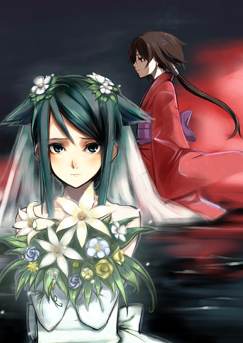 bridal_veil, bride, brown_hair, dress, flower, japanese_clothes, kimono, kurame