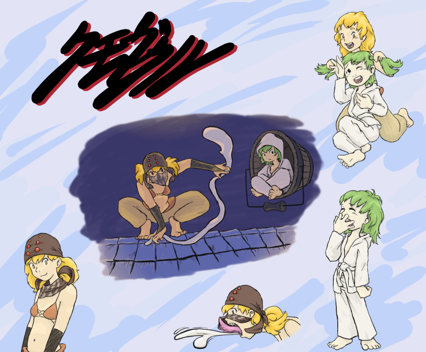 2girls, bandana, barefoot, blonde_hair, bucket, fawriel, green_hair, head_scarf, highres, indian_style, kisume, kurodani_yamame, multiple_girls, sharp_teeth, sitting, spider_silk, tagme, tongue, touhou, twintails, yawning