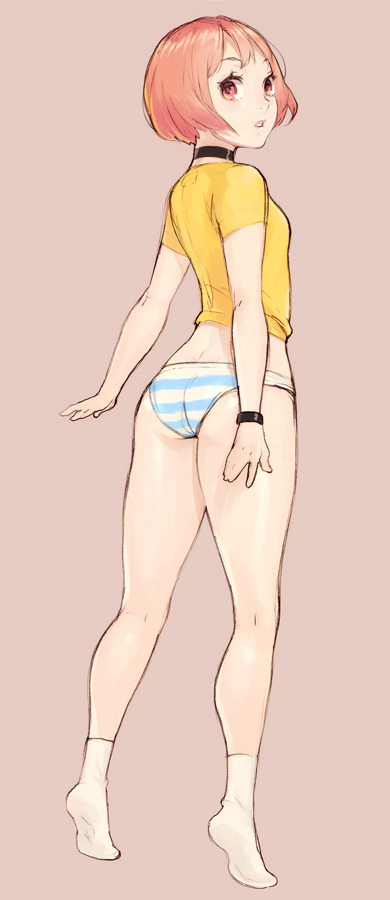1girl, ass, blue_panties, choker, no_pants, orange_hair, original, panties, shiohara_shin'ichi, short_hair, socks, solo, striped, striped_panties, t-shirt, tiptoes, underwear, wristband