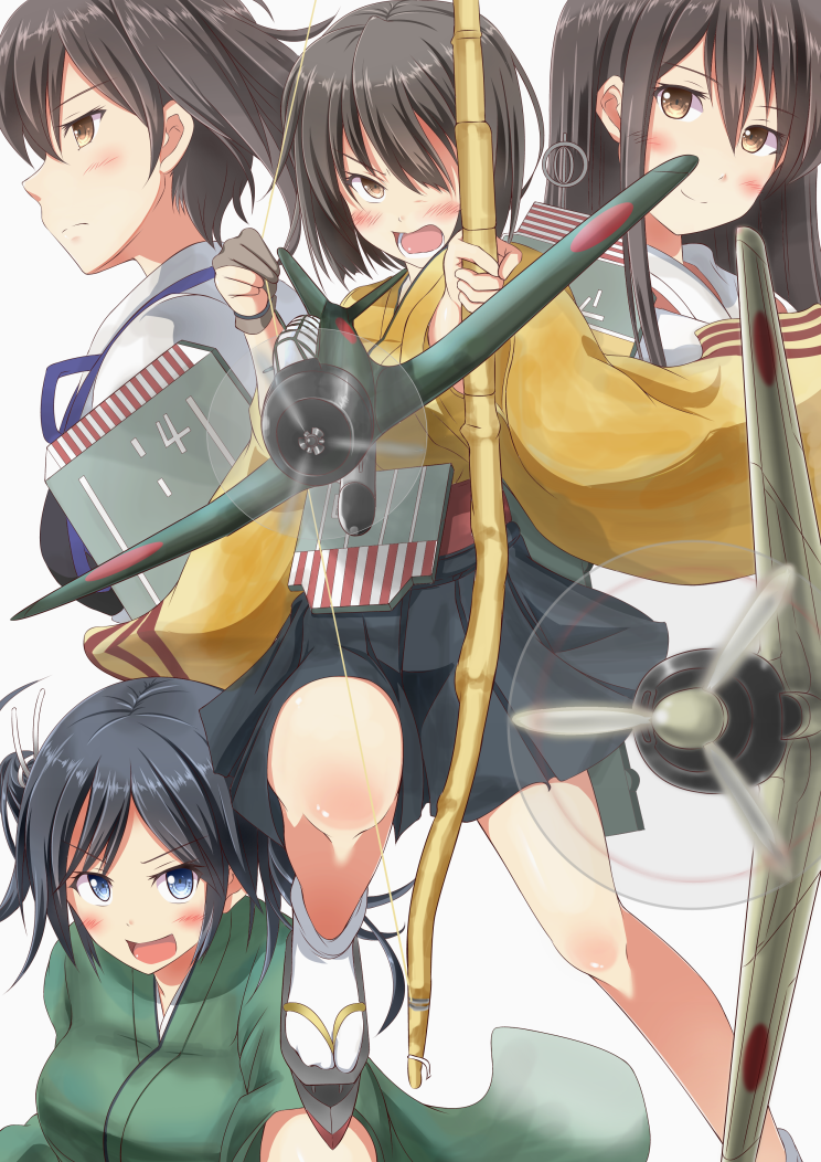 4girls, a6m_zero, airplane, akagi_(kantai_collection), archery, blue_eyes, blue_hair, bow