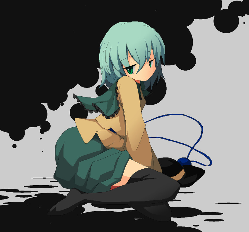 1girl, ass, blouse, feet, frilled_shirt_collar, green_eyes, green_hair, green_skirt