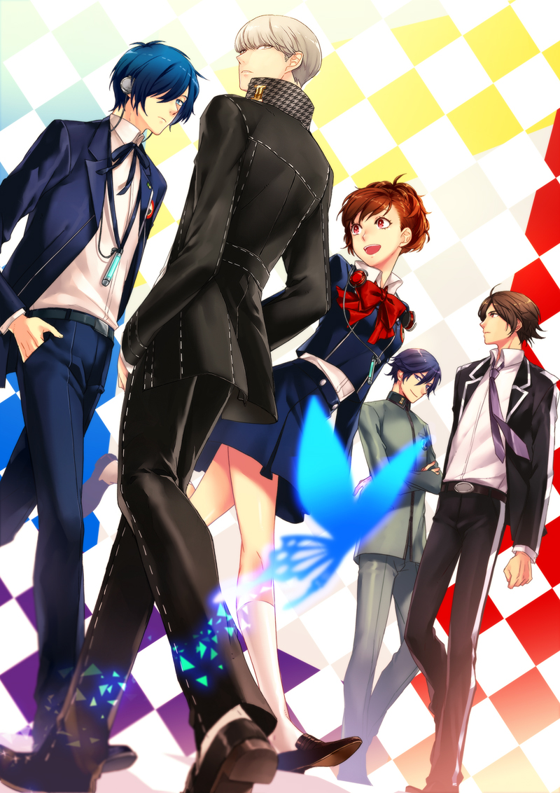 arisato_minato, black_hair, blue_eyes, blue_hair, brown_hair, butterfly, crossed_arms, earphones