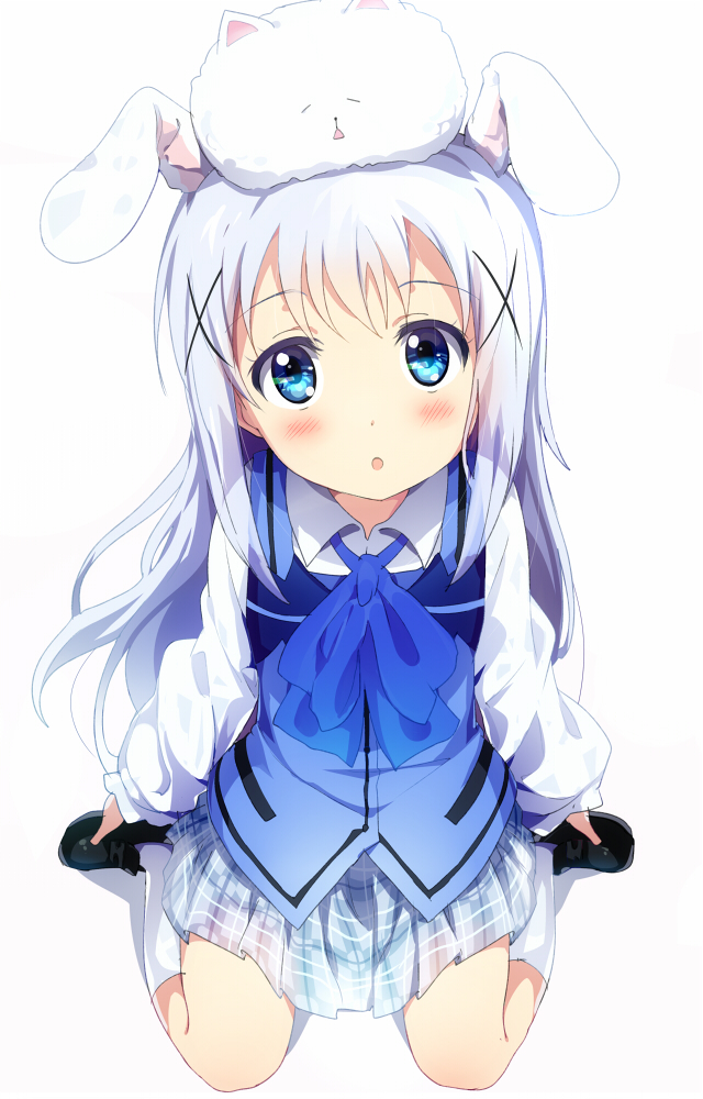 1girl, :o, animal_ears, blue_eyes, blush, dress_shirt, full_body, gochuumon_wa_usagi_desuka?