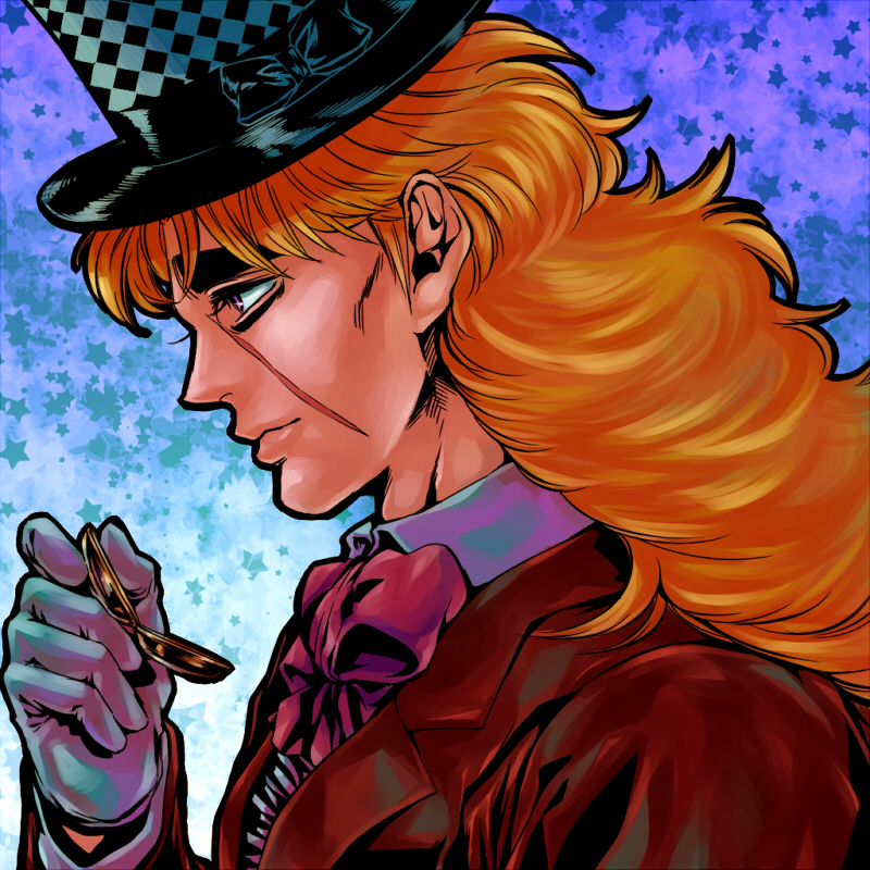 1boy, blonde_hair, curly_hair, gloves, hat, jojo_no_kimyou_na_bouken, long_hair, nkraae