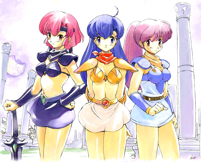 3girls, armor, asou_yuko, bikini_armor, mugen_senshi_varisu, multiple_girls, reiko_kirishima, rena, sega, telenet, uchiu_kazuma, valis