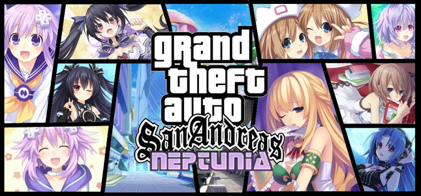 5pb_(choujigen_game_neptune), blanc, choujigen_game_neptune, grand_theft_auto, nepgear, neptune_(choujigen_game_neptune), noire, pururut, ram_(choujigen_game_neptune), rom_(choujigen_game_neptune), tagme, uni_(choujigen_game_neptune), vert