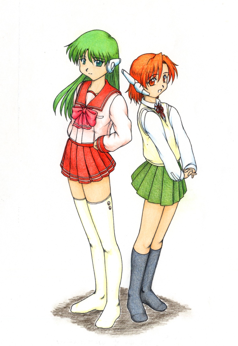 2girls, alternate_hair_color, ballpoint_pen_(medium), black_legwear, colored_pencil_(medium), cosplay, costume_switch, green_eyes
