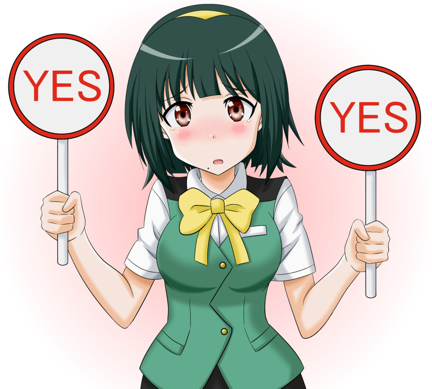 1girl, blush, breasts, brown_eyes, green_hair, hairband, highres, idolmaster