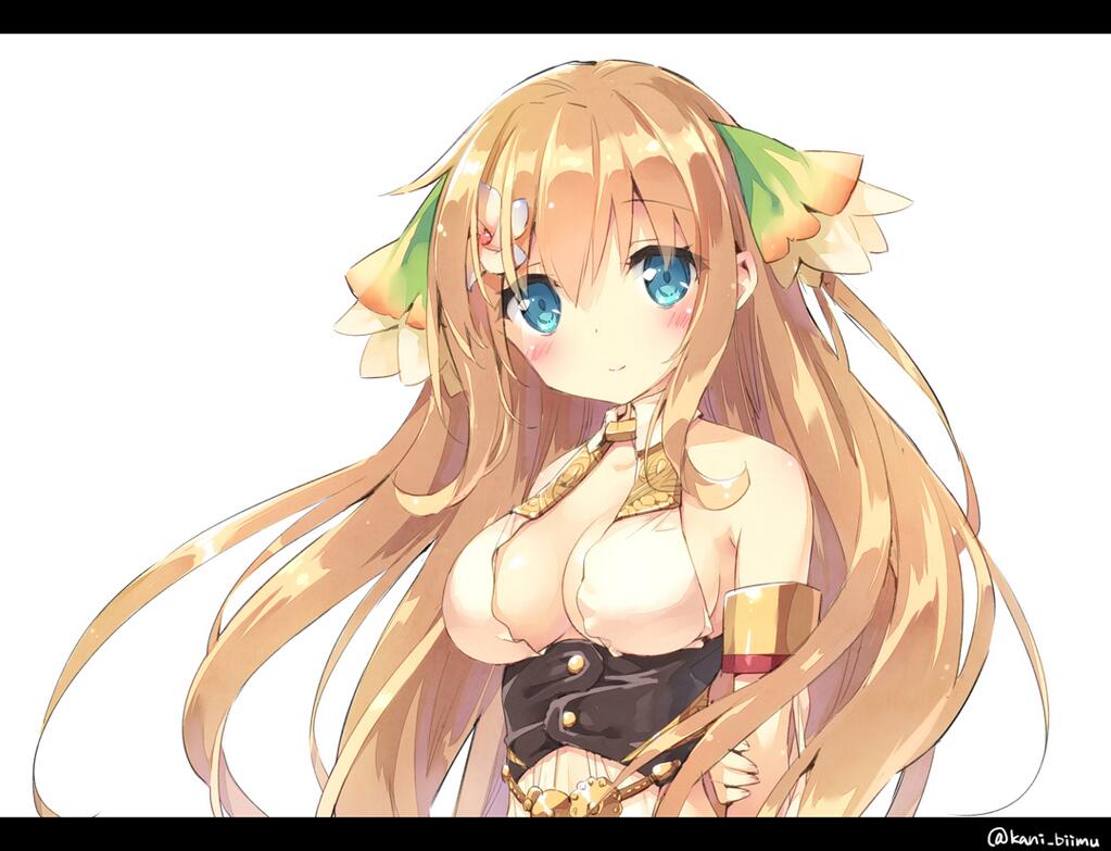 1girl, armlet, artist_name, bare_shoulders, blonde_hair, blue_eyes, blush, breasts