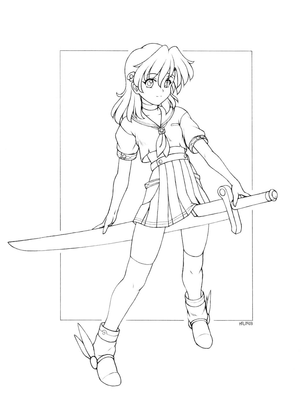 1girl, ascot, boots, border, graphite_(medium), greyscale, harumachi_nagaaki, highres