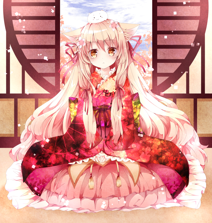 1girl, :3, animal_on_head, blonde_hair, blue_sky, brown_eyes, clouds, floral_print