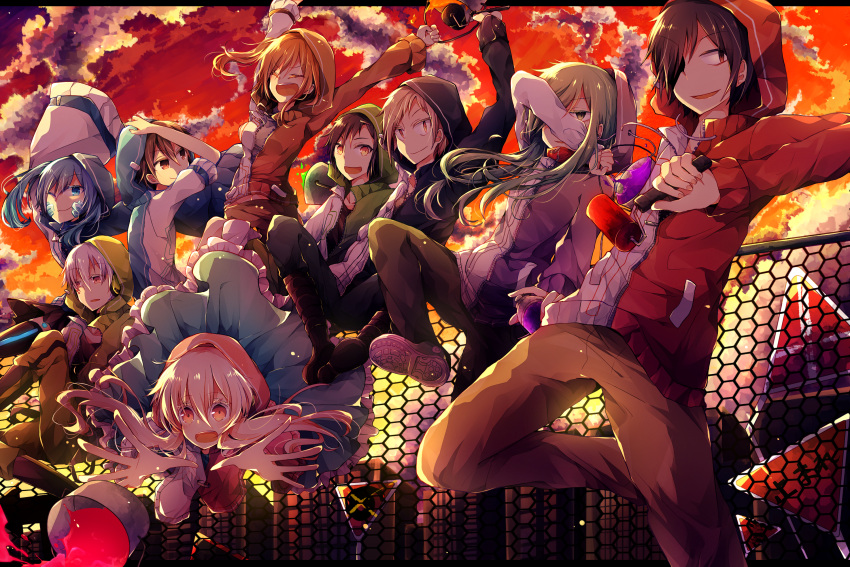amamiya_hibiya, blue_eyes, blue_hair, brown_eyes, dress, ene_(kagerou_project), green_hair, headphones