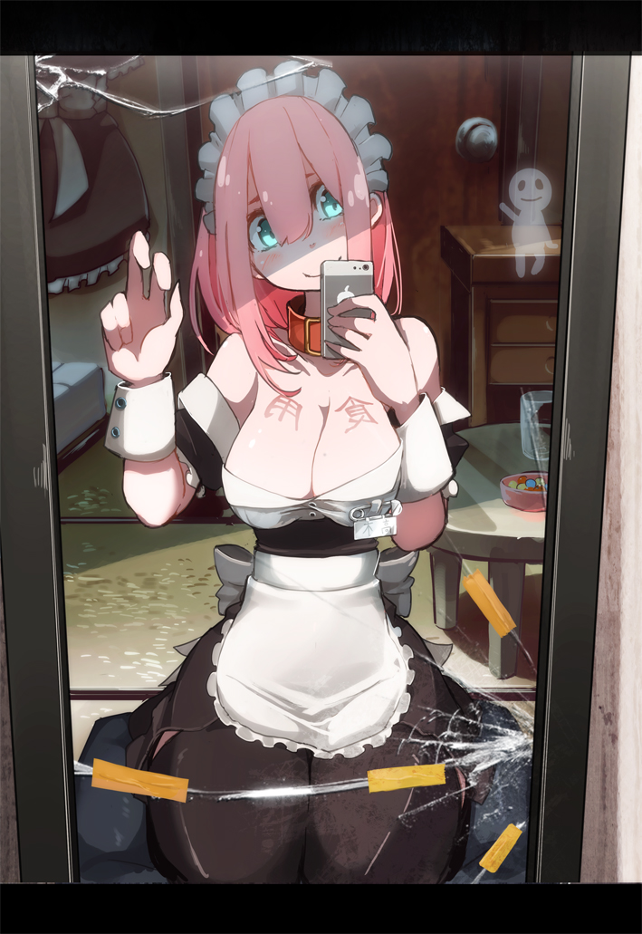 1girl, apron, blue_eyes, blush, breasts, cleavage, collar, frills, ghost, maid, maid_headdress, mirror, nipple_piercing, nipple_tag, original, piercing, pink_hair, self_shot, smile, solo, takagi_(tansuke), tansuke, thigh-highs, wrist_cuffs