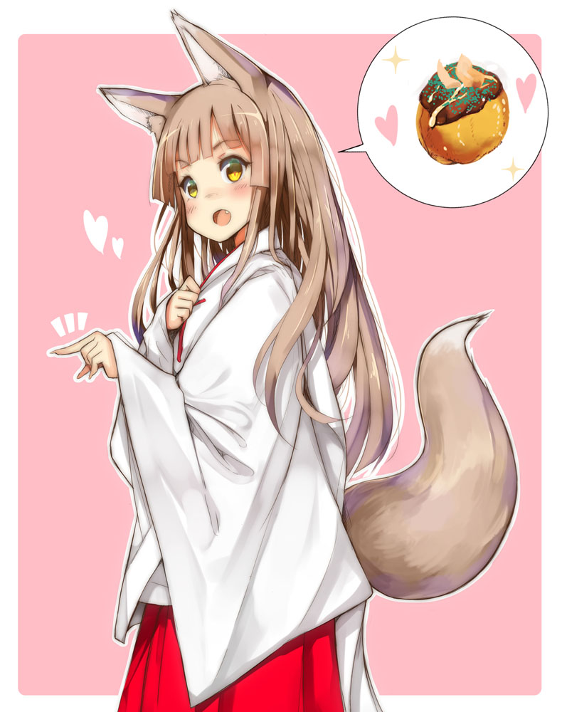 1boy, animal_ears, crossdressinging, fang, food, fox_ears, fox_tail, japanese_clothes