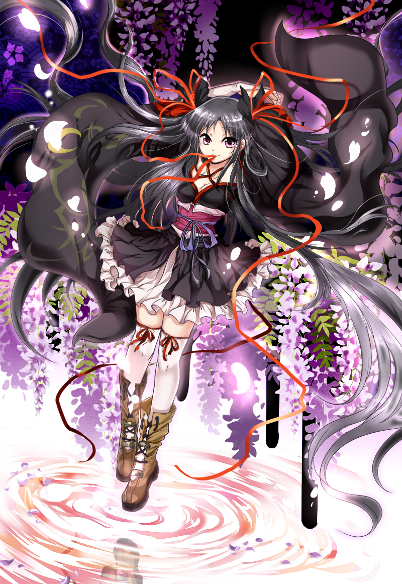 1girl, bare_shoulders, black_hair, breasts, cleavage, hair_ribbon, japanese_clothes, kimono