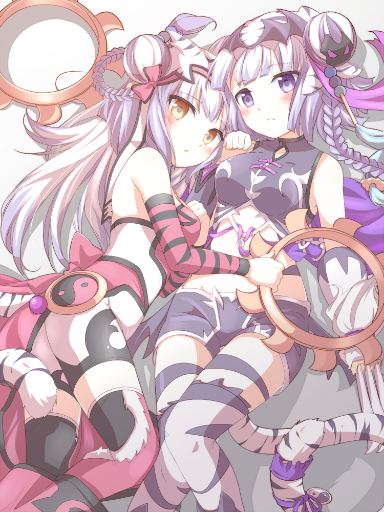 2girls, black_hair, braid, chakram, chakrams, double_bun, haku_(p&amp;d), long_hair