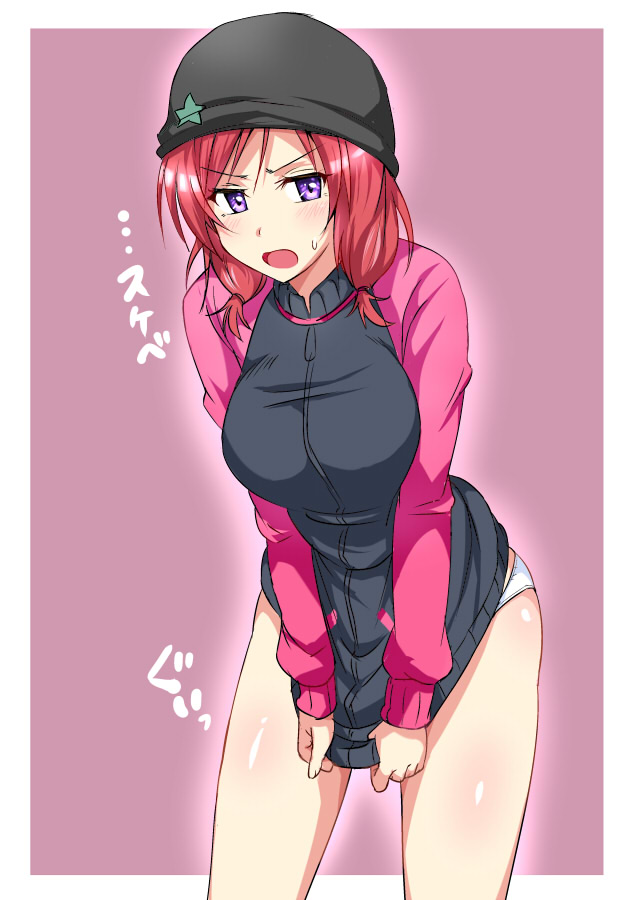 1girl, blush, hat, love_live!_school_idol_project, nishikino_maki, open_mouth, panties, redhead, sanroku-maru_(unnu), short_hair, short_twintails, solo, track_jacket, twintails, underwear, violet_eyes, white_panties