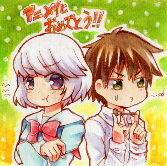 1boy, 1girl, blue_eyes, brown_hair, green_eyes, husagin, looking_at_viewer, ribbon