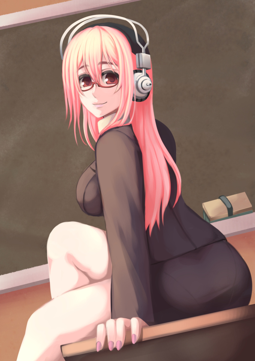 1girl, chalkboard, classroom, classroom_eraser, deni_m, glasses, headphones, highres