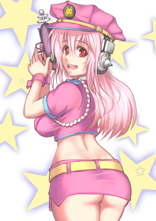1girl, ass, blush, breasts, butt_crack, deni_m, gun, headphones