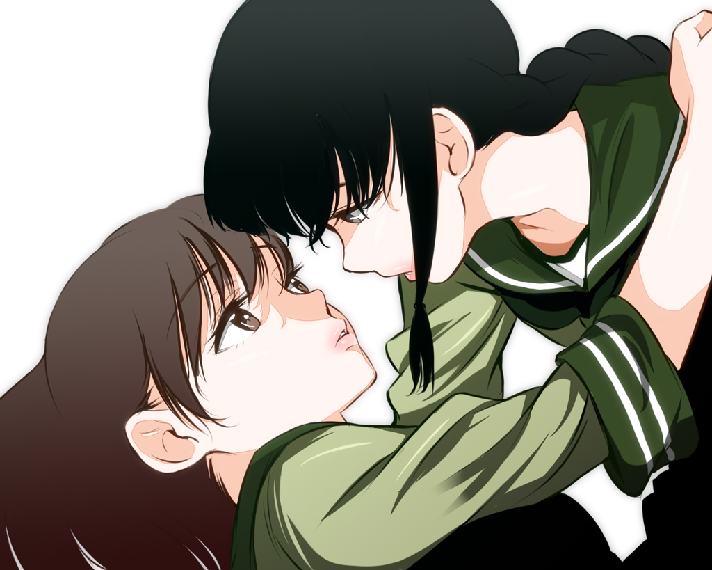 2girls, black_eyes, black_hair, braid, brown_eyes, brown_hair, eye_contact, kantai_collection