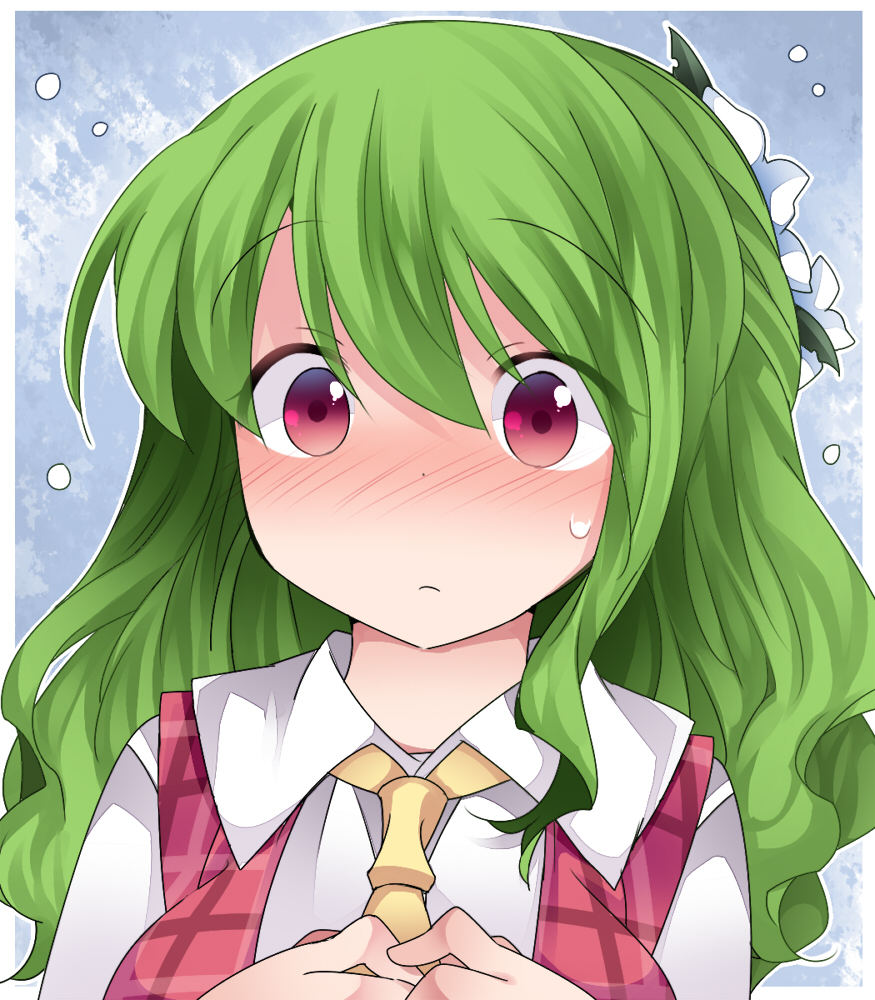 1girl, alternate_hair_length, alternate_hairstyle, ascot, blush, bust, commentary_request, dress_shirt, flower, green_hair, hair_flower, hair_ornament, hammer_(sunset_beach), kazami_yuuka, long_hair, plaid, plaid_vest, red_eyes, shirt, solo, touhou