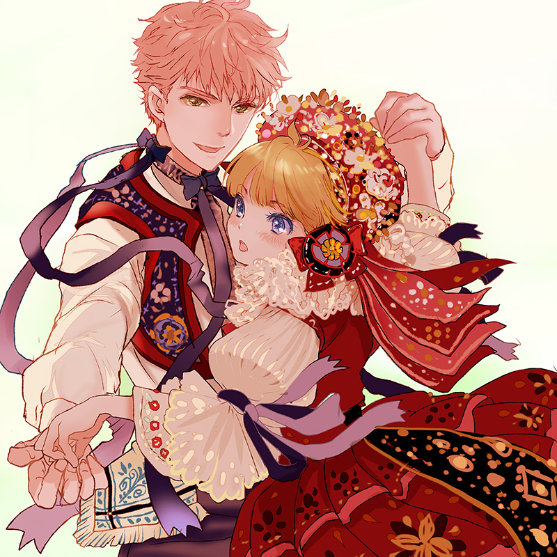 1boy, 1girl, blonde_hair, blue_eyes, blush, couple, dancing, hetero