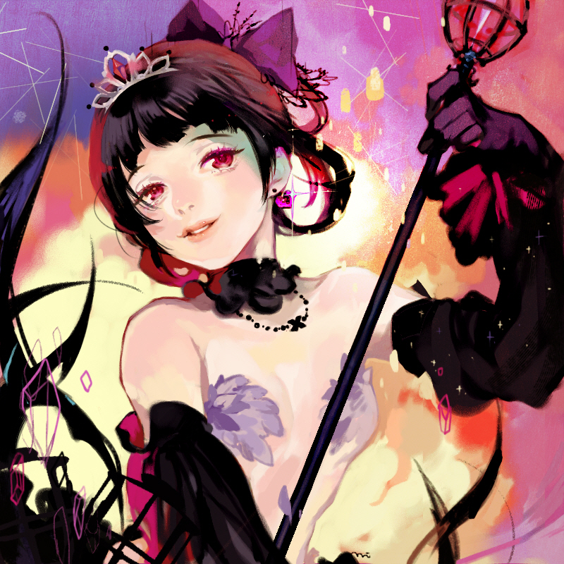 1girl, black_gloves, black_hair, black_princess, bow, coida, collar, earrings
