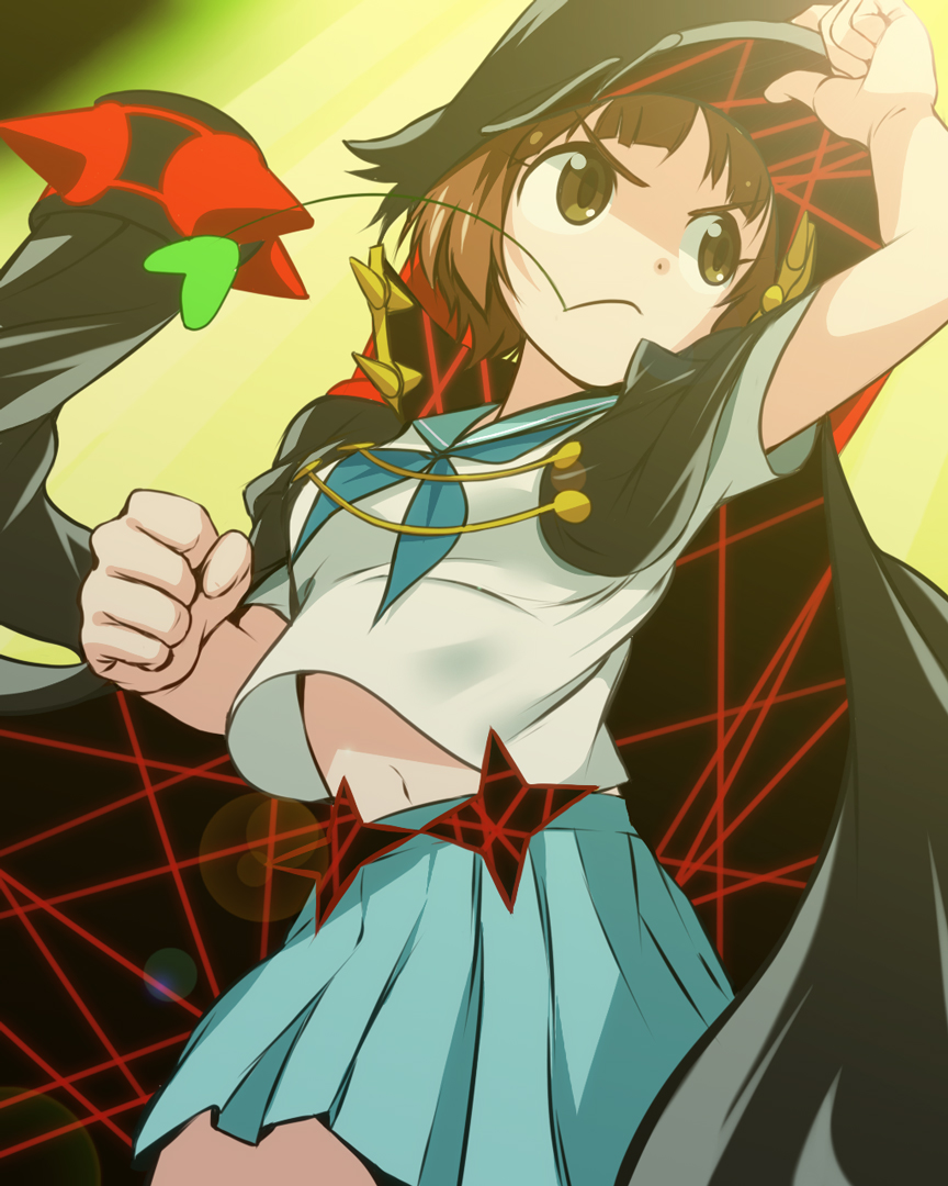 1girl, banchou, blue_skirt, brown_eyes, brown_hair, coat_on_shoulders, hat, kill_la_kill, mankanshoku_mako, pre3445, school_uniform, serafuku, short_hair, skirt, solo