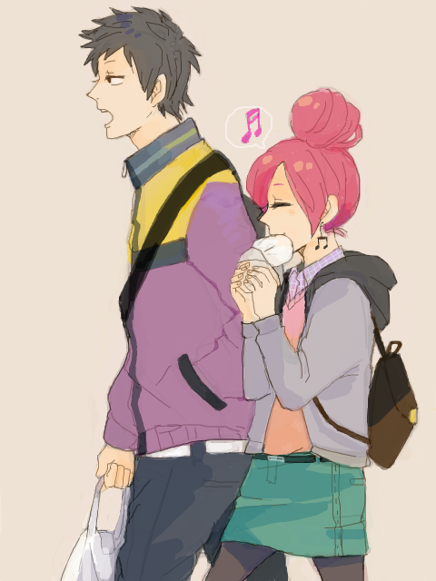 1boy, 1girl, amr, black_hair, earrings, eating, food, hair_bun
