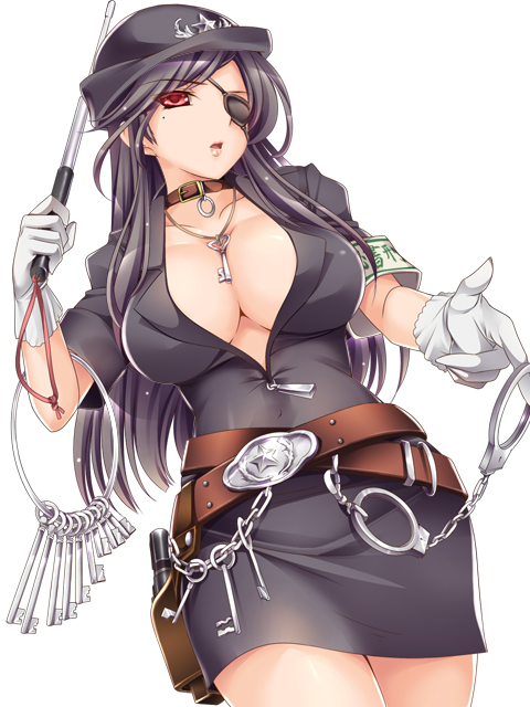 1girl, armband, baton, black_hair, breasts, cleavage, cuffs, dog_collar