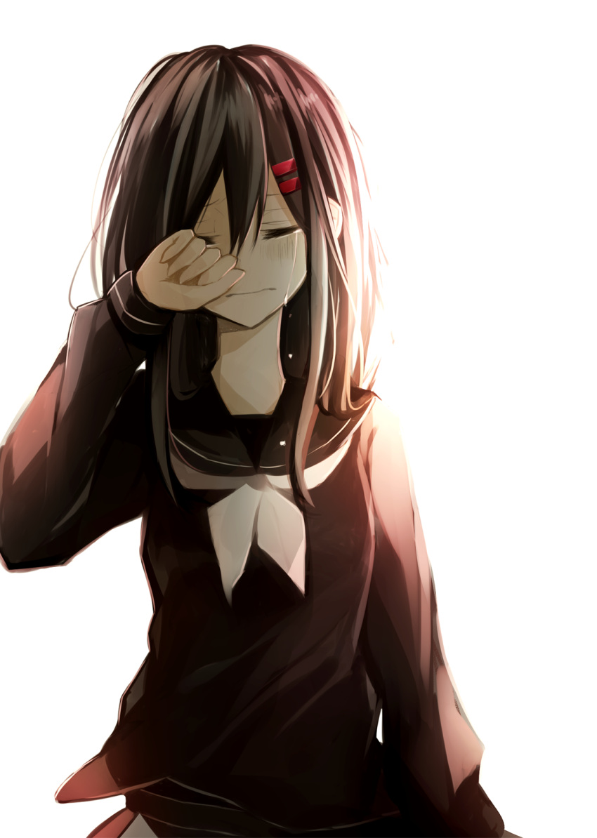 1girl, black_hair, blush, closed_eyes, crying, hairclip, kagerou_project, long_hair