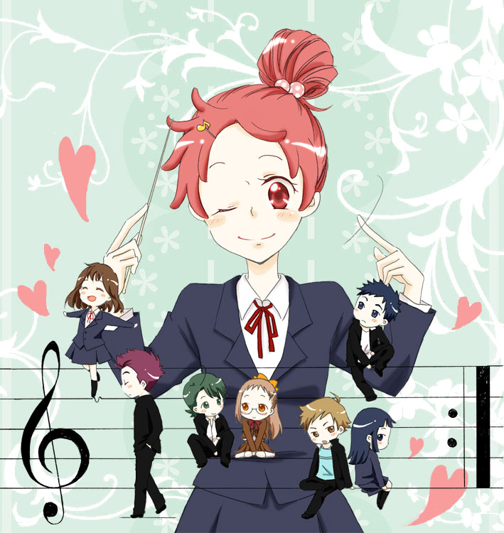 4boys, 4girls, baton_(instrument), black_hair, bow, brown_hair, fujiwara_hazuki, gakuran, glasses, hair_bow, hair_bun, harukaze_doremi, hasebe_takeshi, heart, kimura_takao, koizumi_marina, kotake_tetsuya, kudou_mutsumi, long_hair, multiple_boys, multiple_girls, musical_note, ojamajo_doremi, omino_(nanairotaifu), pink_hair, purple_hair, school_uniform, short_hair, yada_masaru