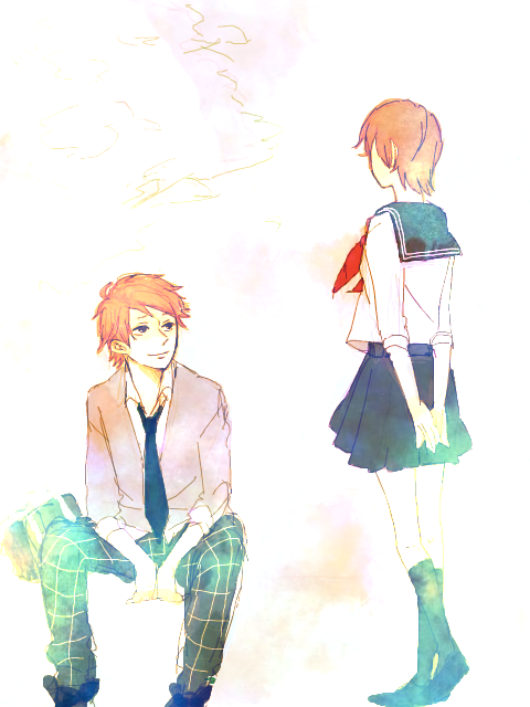 1boy, 1girl, amr, brown_hair, ojamajo_doremi, okuyama_naomi, older, sagawa_yuji, school_uniform, serafuku, short_hair, teenage